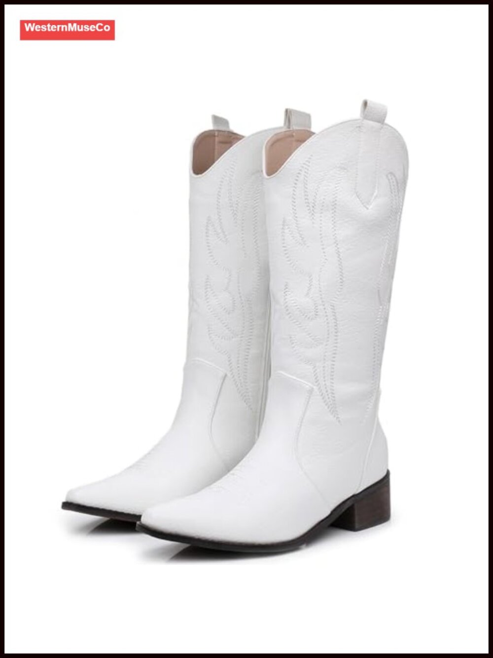 Faux Leather Cowboy Boots Mid Calf Chunky Heel Embroidered